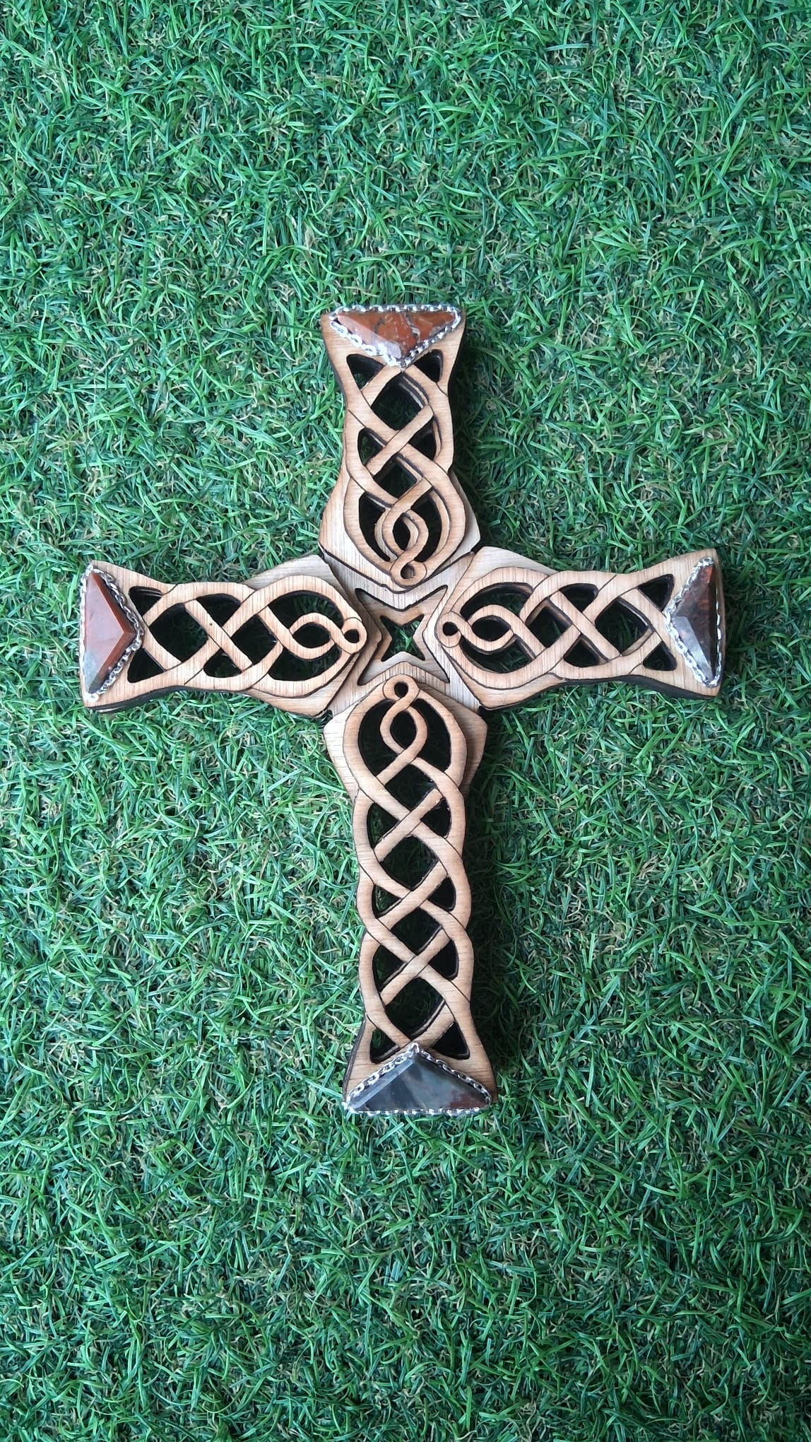 Carved Wooden Celtic Crucifix Jasper Agate Bloodstone