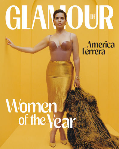 Digital image refinement for multiple international Glamour covers. Full-body shot of America Ferrera in gold attire.