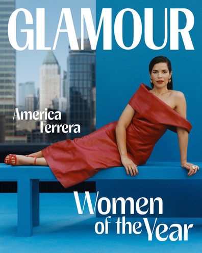 Celebrity retouching for Glamour International cover. America Ferrera in red dress with complex background composite.