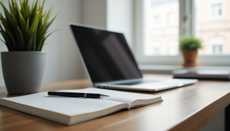 Eye-level view of a modern workspace with a single laptop and notebook on a wooden desk