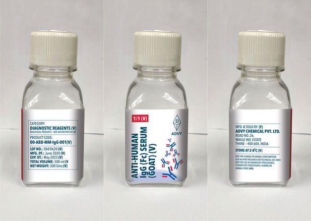 Advy Chemical Anti-Human IgG Fc Serum antigen diagnostic reagent bottle label design – best creative agency Mumbai medical diagnostics | Pavan Java Studio