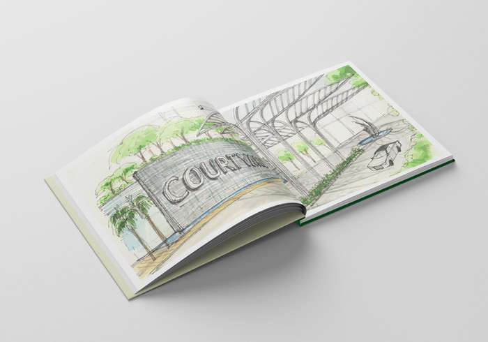 Courtyard Thane Yeoor Hills coffee table book interior spread — real estate marketing collaterals Mumbai India | Pavan Java Studio