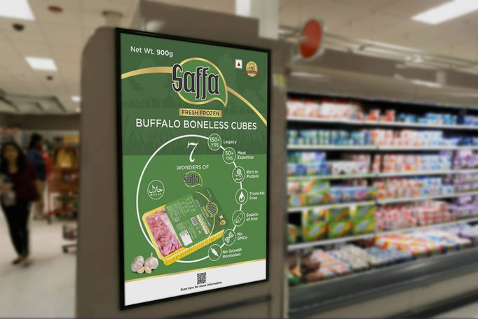 Saffa fresh frozen buffalo boneless cubes in-store digital screen display design – Halal frozen meat retail POS branding by Pavan Java Studio Mumbai