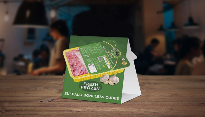 Saffa fresh frozen buffalo boneless cubes tent card table-top display design – Halal frozen meat retail POS collateral by Pavan Java Studio Mumbai