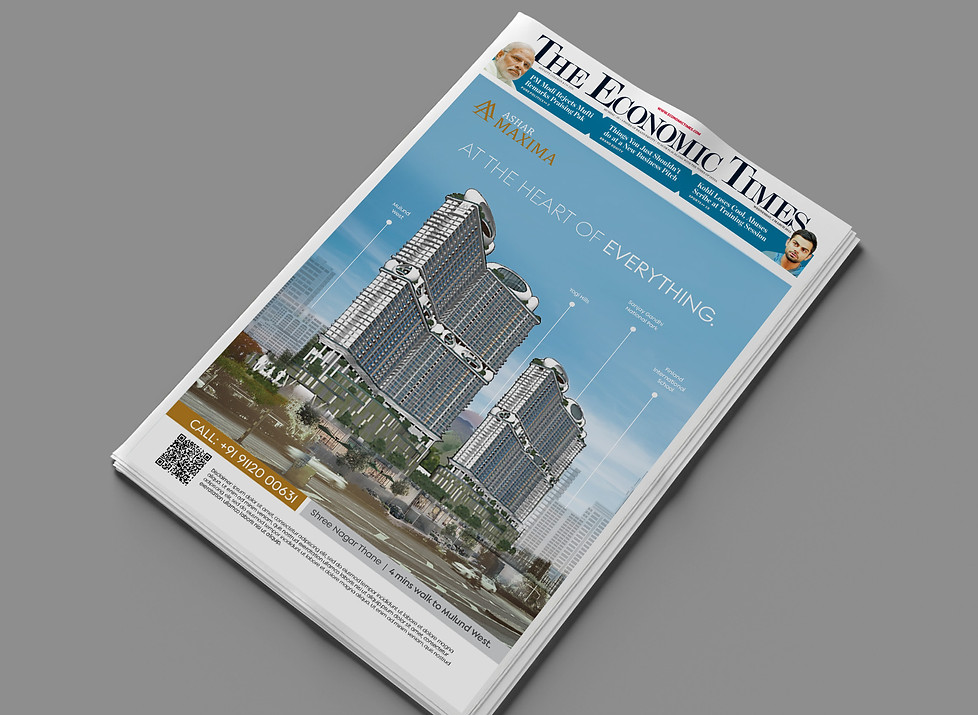 Ashar Maxima newspaper advertisement – real estate print media campaign design for Thane Mulund Link Road project by Pavan Java Studio
