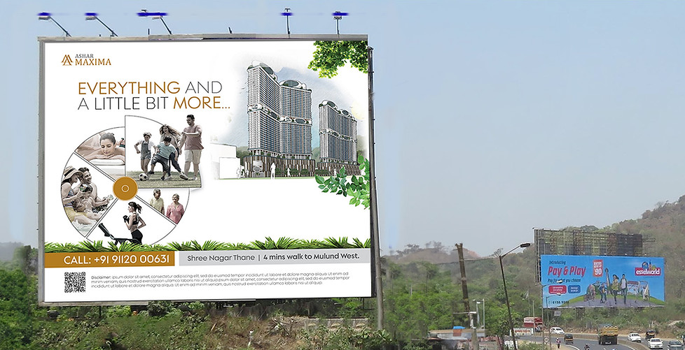 Ashar Maxima outdoor hoarding design – high-impact OOH billboard advertising for Mumbai real estate by Pavan Java Studio