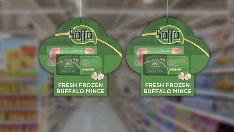 Saffa fresh frozen buffalo mince supermarket hanging dangler POS display design – Halal retail point of sale collateral by Pavan Java Studio Mumbai