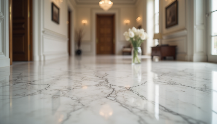 Vista frontal de piso de mármore polido em ambiente residencial sofisticado