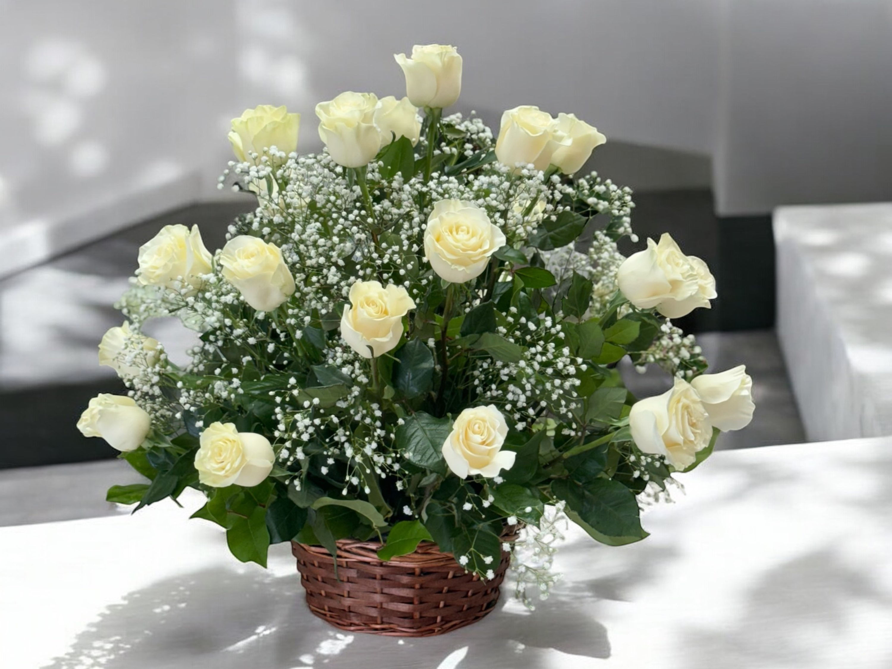 24 Beautiful White Roses Basket Arrangement
