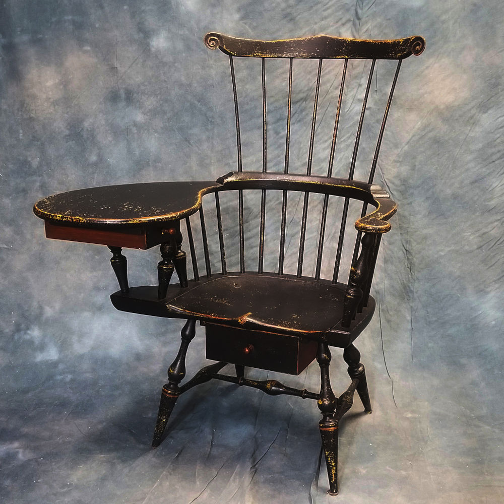 Sold Reproduction D.R. Dimes 2 Drawer Windsor Writing Arm Chair (2580)
