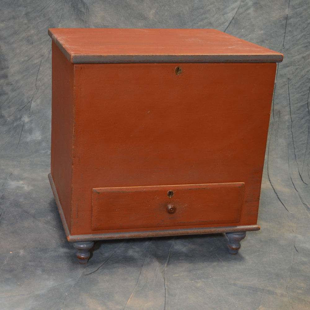 SOLD Lift Lid Chest with Barn Red over Blue Museum Finish / Blue Trim