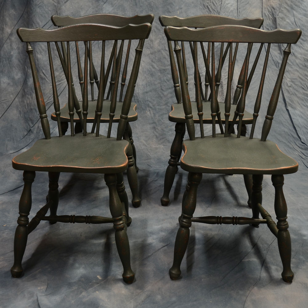 SOLD Vintage 4 Plank Seat Chairs- Slate over Red Museum Finish (1840)