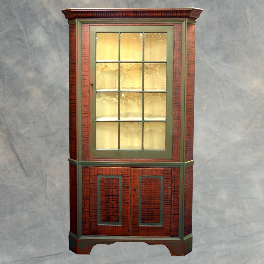 SOLD Antique 2 Piece Corner Cupboard in a Green Museum Paint (1753)