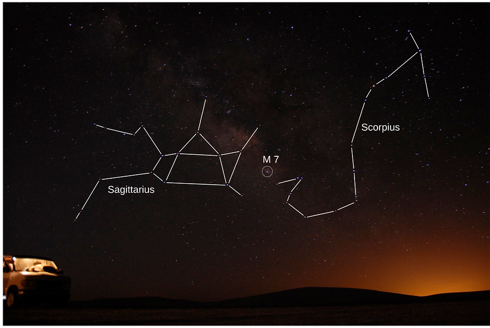 A picture of the night sky. Added are the constellations of Sagittarius and Scorpius, and object M7. ManuelSchottdorf