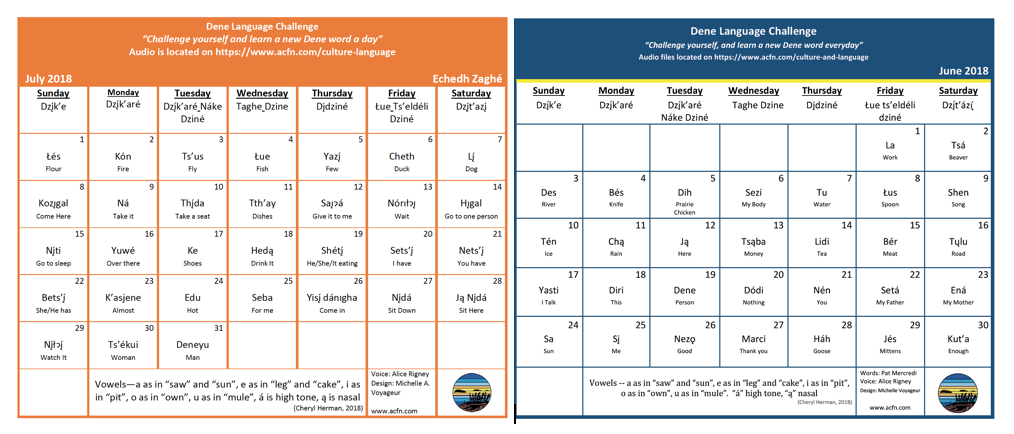 acfns dene language calendar project learn a dene word a day word a day calander