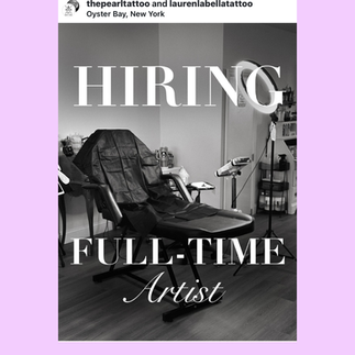 Black and white studio interior photo from The Pearl Tattoo in Oyster Bay, New York showing a tattoo chair and workstation. Text overlay reads “Hiring Full-Time Artist.”