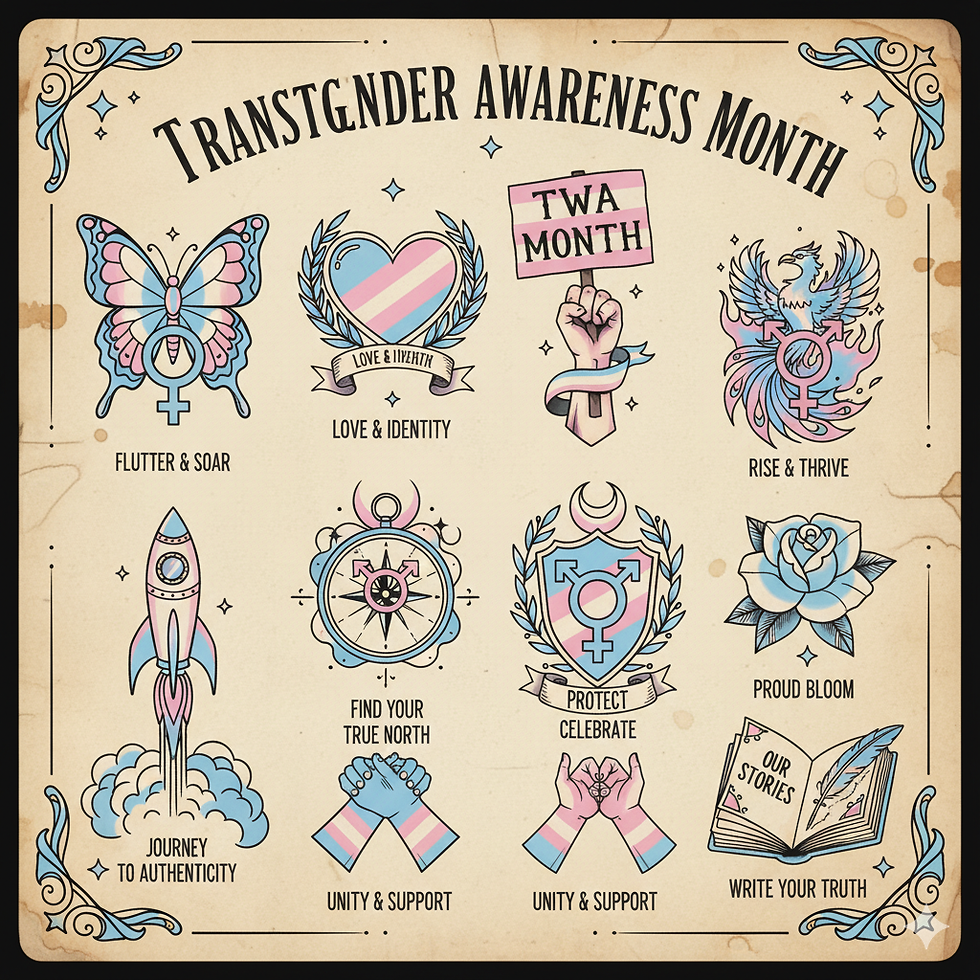 Transgender awareness week flash tattoo ideas including Pink/blue/white flag motifs, butterflies (transformation), “live authentically” scripts, trans joy imagery, visibility symbols, phoenix rising with trans colors, or empowerment designs.