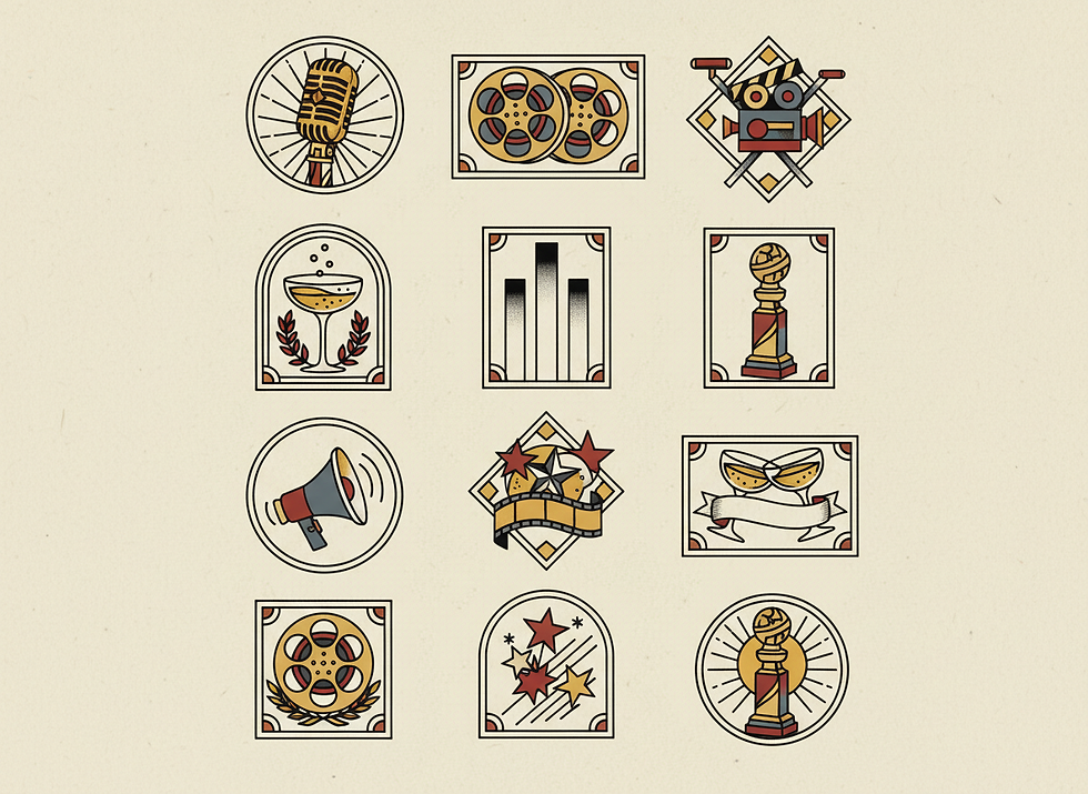 Golden Globes Tattoo Flash Sheet. Old Hollywood–inspired tattoo flash sheet featuring vintage microphones, film reels, champagne coupe glasses, award statuettes, spotlight rays, art deco frames, and classic cinema symbols, each illustrated as separate tattoo-ready designs.