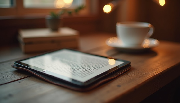 Eye-level view of a tablet displaying an ebook with a cozy reading setup