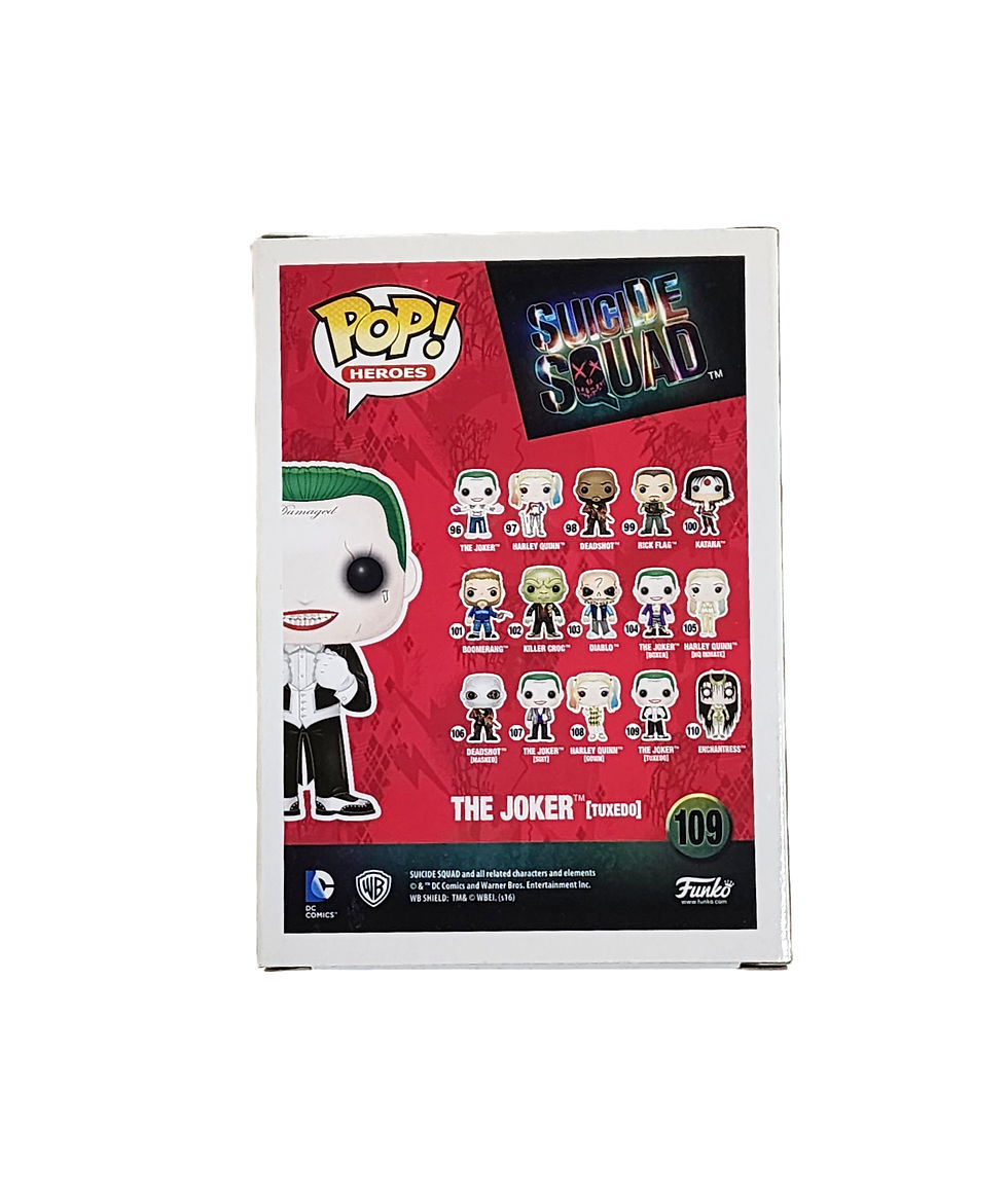 Thumbnail: Back of the Joker Funko Pop figure with other DC Comics characters.