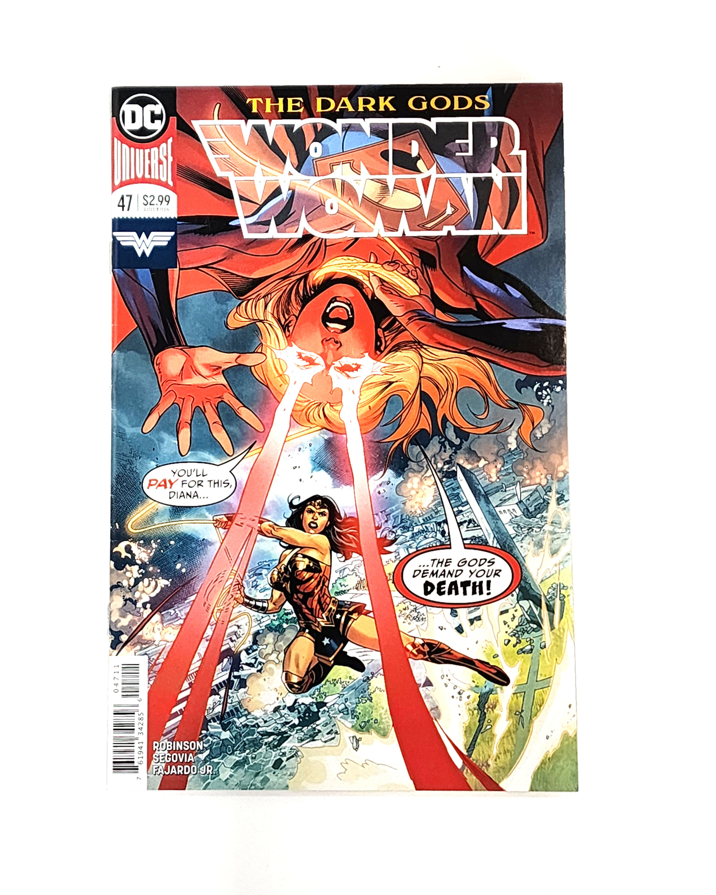 Wonder Woman comic book cover, The Dark Gods, with laser beams and text.
