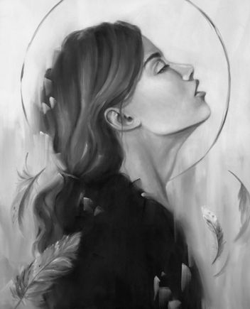 Realistic black and white pastel portrait drawing of a woman, feathers, and dreamcatcher
