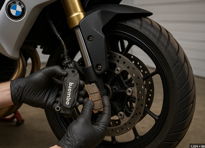 Close-up view of worn motorcycle brake pads on a disc rotor