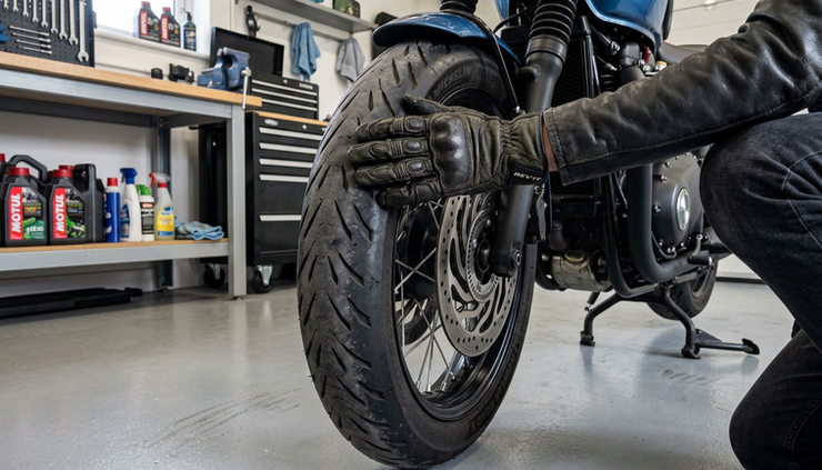 Low-angle view of a motorcycle front tyre being inspected by hand for cupping and uneven tread.