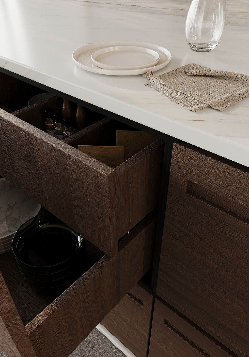 Close-up of custom Italian cabinetry by Armina Luxe with finished walnut drawer interiors and a honed Calacatta Gold Extra marble countertop