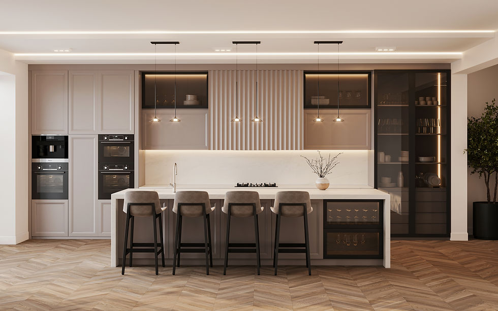 Armina Luxe Eterno collection kitchen in Miami featuring an Imperial White marble backsplash and island, fluted detailing, integrated Miele appliances, and custom Italian cabinetry