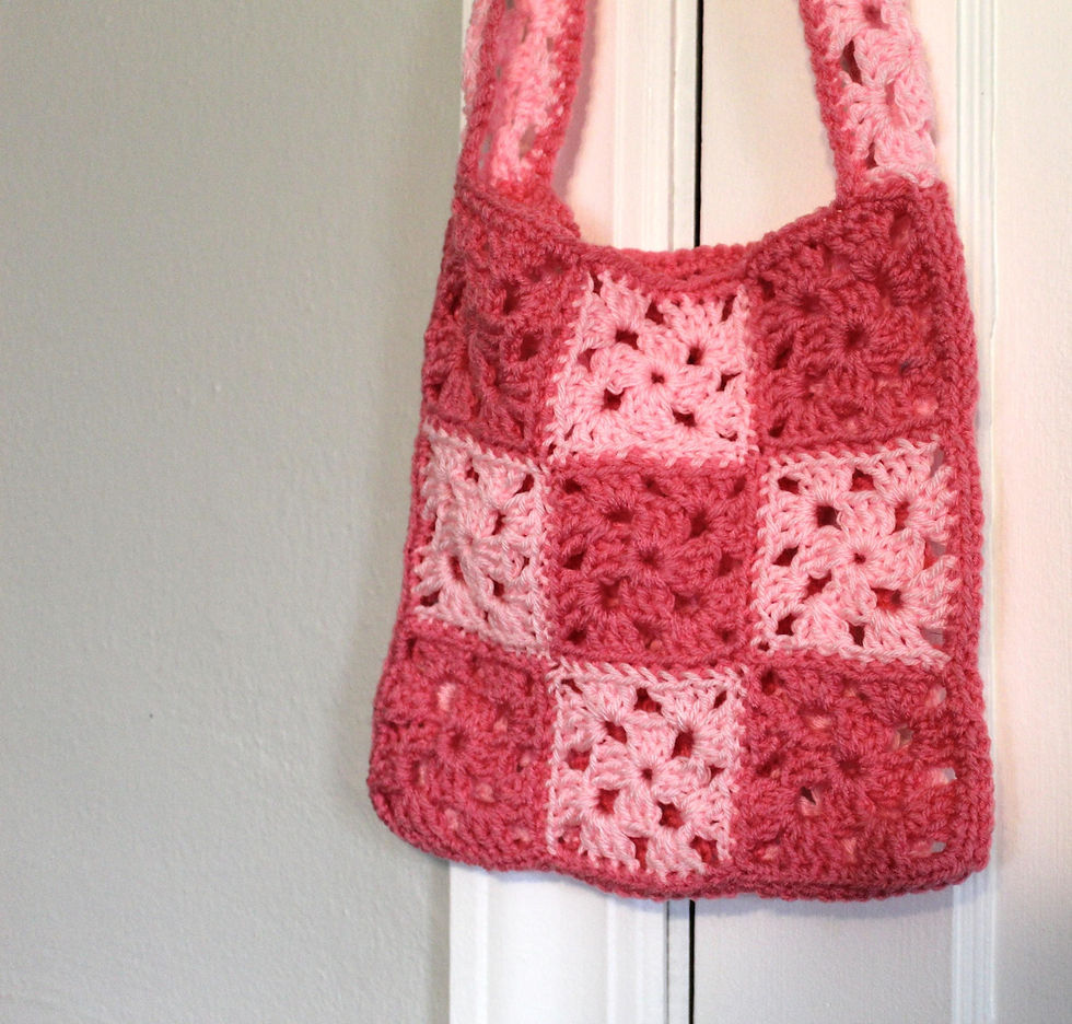 Thumbnail: close-up of the body of the pink granny square bag