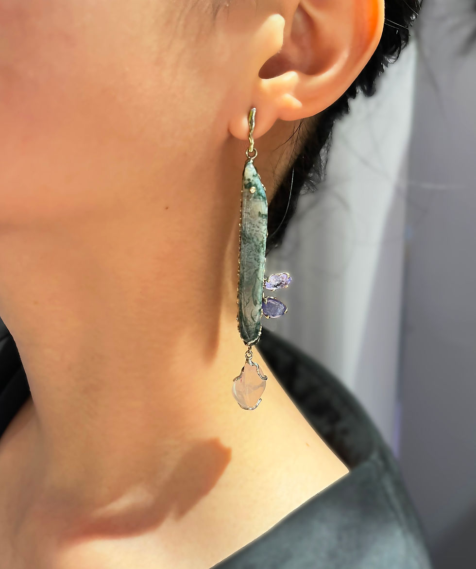 Thumbnail: SLEEPING BEAUTY spinel, moss agate, rose quartz & diamond - 10K gold earrings