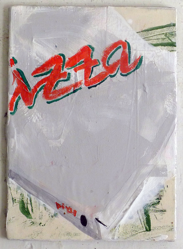 Painting, collage Pizza box thrown on the ground, Mette Vangsgaard