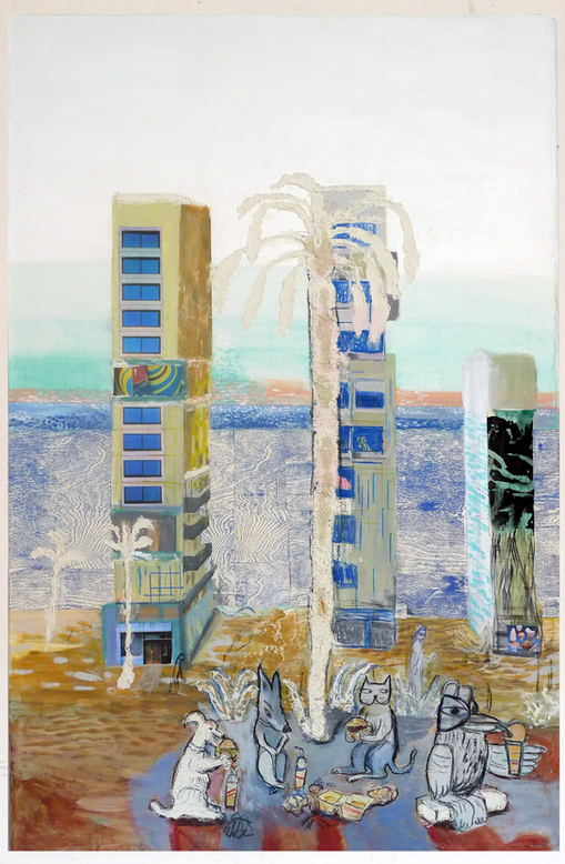 Painting, collage, Mette Vangsgaard, dog and wolf, city, artwork about animal in human world