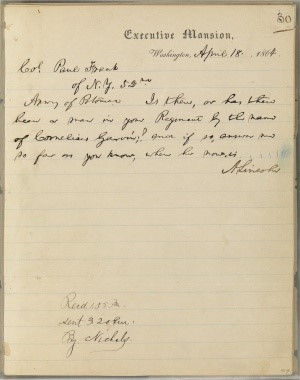 Handwritten letter given by President Lincoln to Catherine Gavin
