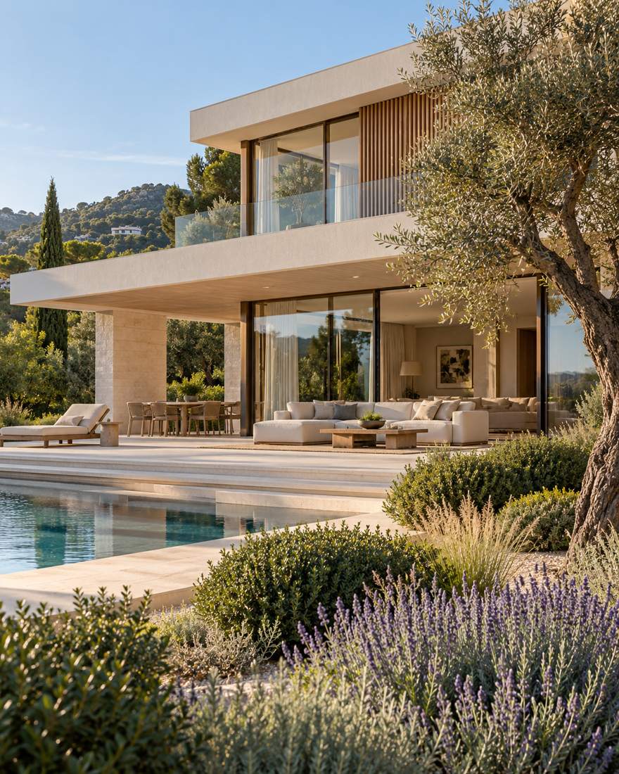 Contemporary villa with Mediterranean garden · concept image
