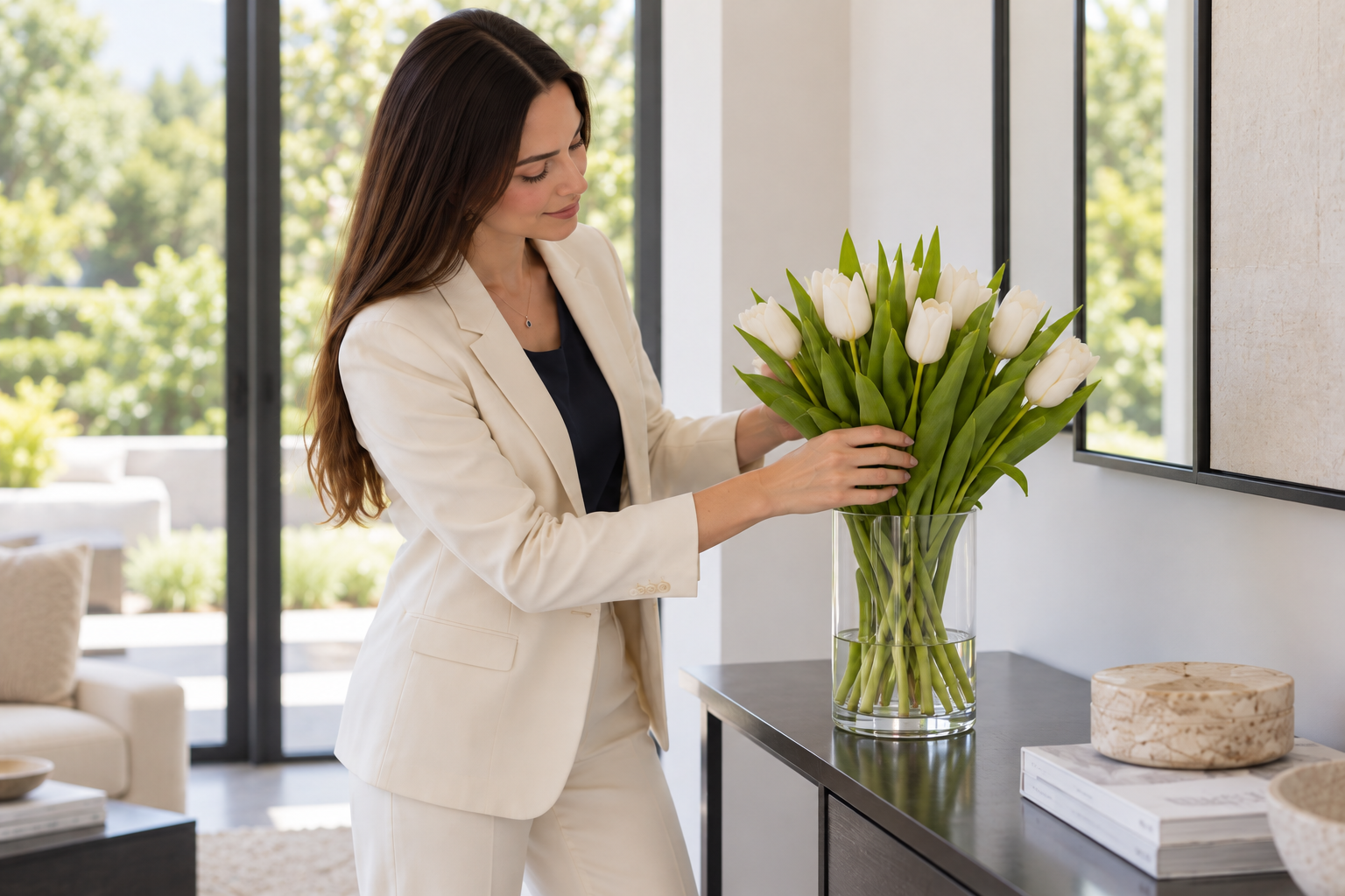 Arranging flowers to welcome homeowners · concept image