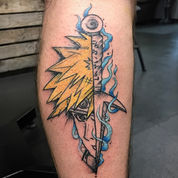 full color tattoo of naruto character hokage minato showing half his face with a kunai knife and blue flames around it
