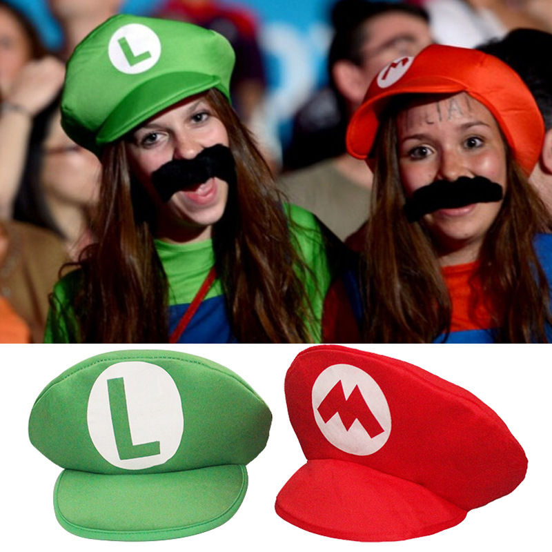 Miniatura: Super Mario Bros Game Red Green Cap With Beard Cosplay Hats