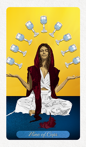 The Nine of Cups tarot card showing a meditating figure encircled by nine goblets in a golden halo arrangement.