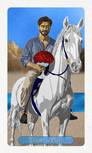 Knight of Cups
A dark-haired, bearded man in a loosely unbuttoned gray-blue linen shirt rides bareback on a white horse along a sandy shoreline. He holds a large glass goblet filled with a bouquet of red roses, gazing with brooding intensity into the distance. The horse's bridle is deep navy blue with gold fish embroidered on a decorative sash. Sandy cliffs and a calm blue sea stretch behind them under a bright blue sky. The banner reads "Knight of Cups."