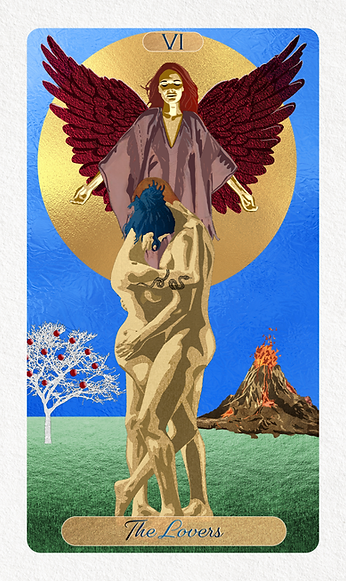 The Lovers tarot card showing a crimson-winged angel floating over two embracing figures beneath a gold sun.