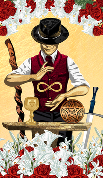 The Magician — "The Magician tarot card showing a man in a red vest conjuring over a table bearing a cup, coin, wand, and sword."