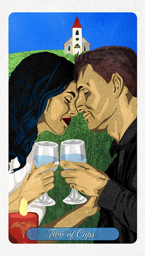 The Two of Cups tarot card showing two people about to kiss while holding intertwined goblets.