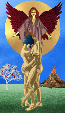 The Lovers — "The Lovers tarot card showing a crimson-winged angel floating over two embracing figures beneath a gold sun."