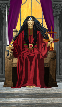 Justice — "The Justice tarot card showing a robed figure holding a sword and scales, seated between stone pillars."