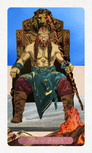King of Wands
A shirtless, powerfully built man with long auburn hair and a beard sits wide-legged on a massive carved wooden throne topped with a lion's head. He wears a teal tabard with gold rune embroidery over dark burgundy trousers and tall brown boots, and bears a gold crown with a red gem. He holds a twisted wand loosely in one hand, a gold pendant medallion hanging at his chest. A small campfire burns at his feet in the lower right corner, and a tiny red salamander is visible in the lower left. A bright blue sky and sandy ground fill the background. The banner reads "King of Wands."