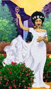 The Empress — "The Empress tarot card showing a Black woman in a white gown holding a scepter amid flowers and a waterfall."