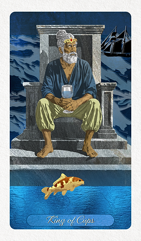 The King of Cups tarot card showing an older man cradling a water glass on a stone throne amid stormy seas with a koi fish