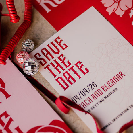 On the Bone Quirky Wedding Stationery Flat lay featuring gothic Save the date 